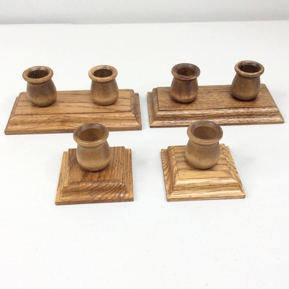 Vintage Handmade Wooden Taper Candle Holders Set Lot of 4 Single Double MCM